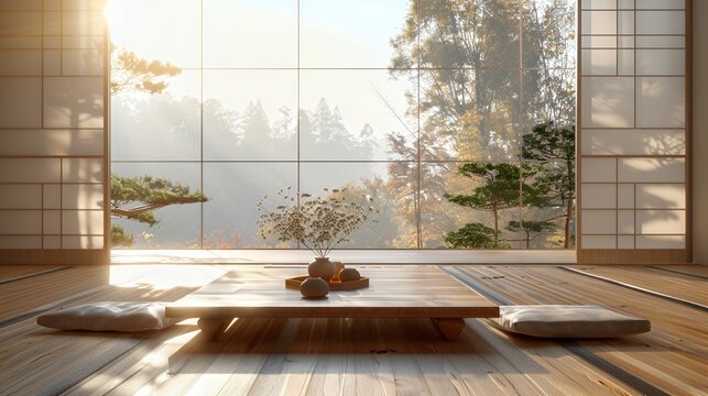 Sunlit Washitsu Serenity &mdash; Tatami Room with Shoji Garden View