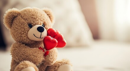Fototapeta premium Cuddly teddy bear holding red heart on valentine's day with soft focus background and warm lighting