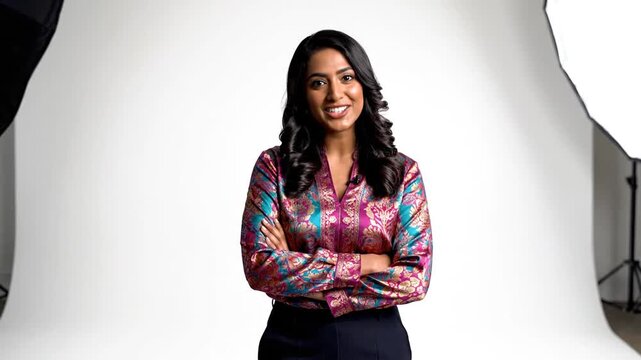 Confident businesswoman posing with arms crossed in studio, smiling at camera, with photography equipment and softbox lights in background, for professional or corporate use