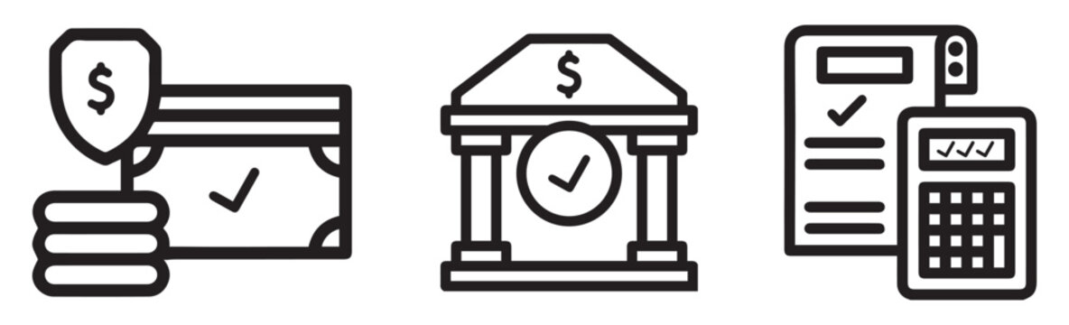 Finance and payment icons set. Pay slip, calculator, online payment, transaction, shield, vector.