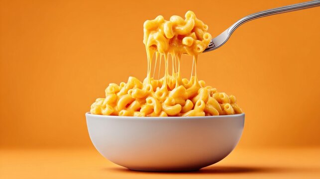 Delicious macaroni and cheese with stretchy cheese being lifted by a fork