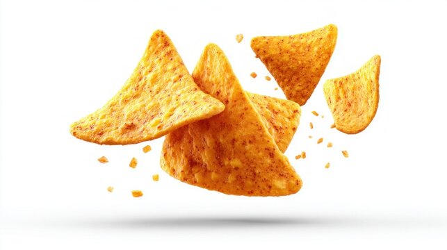 Crispy corn tortilla chips with seasoning falling in motion against a white background