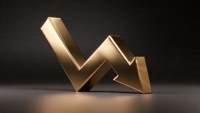 Golden Arrow Pointing Downwards on Dark Surface.