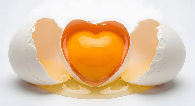 Heart shaped egg yolk fresh cracked raw egg love symbol for healthy eating on white background