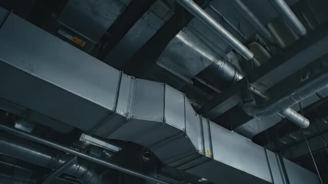 Complex network of industrial ventilation ducts, pipes, and electrical conduits on a modern building ceiling with fluorescent lights.