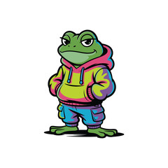 Obraz premium Cool cartoon frog character wearing a hoodie and shorts.