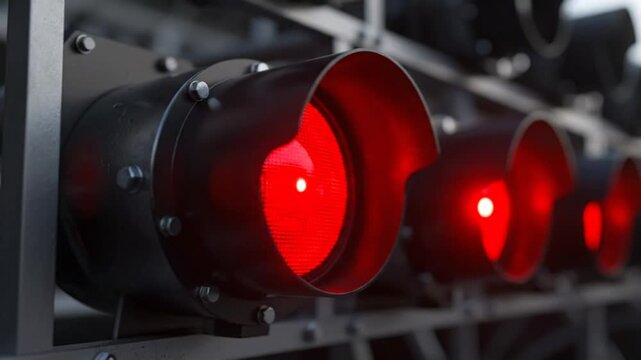 Close-up of a racing start light system switching from red to green, signaling the beginning of a race