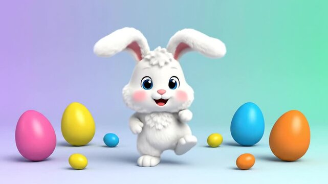 A cheerful cartoon animasi kelinci dancing with colorful Easter eggs on a pastel background, conveying a joyful and playful mood with a whimsical illustration style.