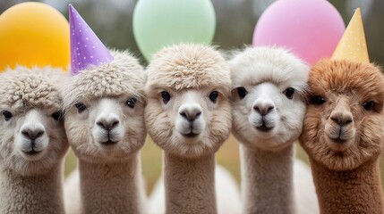 Fototapeta premium Five fluffy alpacas wearing party hats celebrate a special occasion together