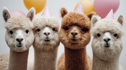 Fototapeta premium Four adorable alpacas wearing party hats celebrate a special occasion with balloons