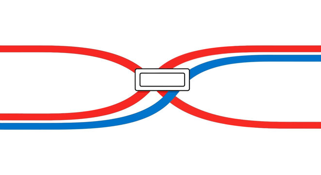 Abstract Banner Template with Crossing Red and Blue Lines. Minimalist Vector Design for Connection, Competition, or Data Flow Concepts.