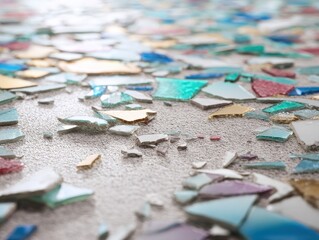 Naklejka premium vibrant glass mosaic shattered pieces of colorful glass scattered across a table creating a striking and dynamic display of light and texture representing diversity unity and celebration