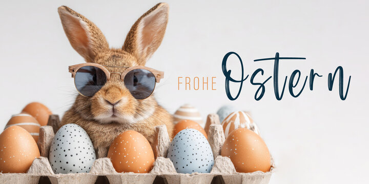 Frohe Ostern Konzept Feiertag Gru&szlig;karte mit deutschem Text - Cooler Osterhase, Kaninchen mit Sonnenbrille, sitzt in Eierkarton Box mit Ostereiern, isoliert auf weissem Hintergrund