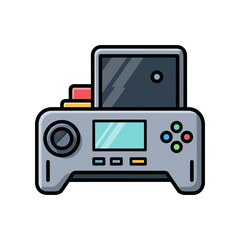 Grey game controller with colorful buttons and a screen on white background with black outline © fahim
