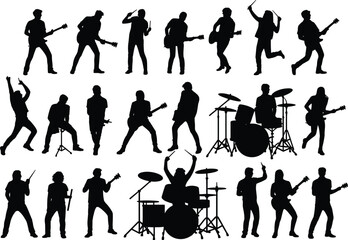 Obraz premium silhouette rock band set, live music performers collection, guitarist drummer singer action poses, concert performance icons, black vector illustration
