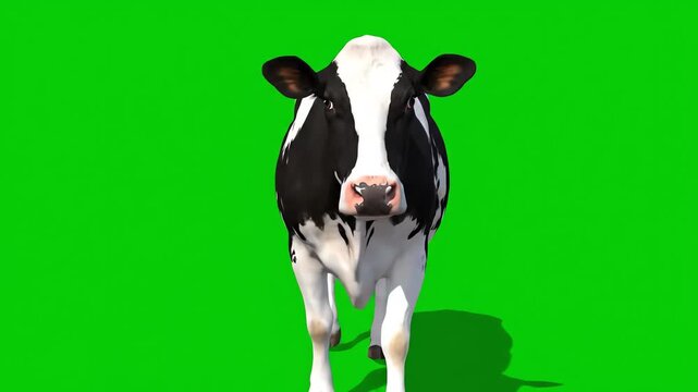 A high-contrast black and white holstein cow is walking forward and looking directly at the camera in an isolated studio shot against a vibrant green screen background.