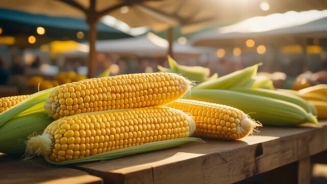 Fresh corn on the cob stacked on a rustic wooden table at an outdoor summer farmer's market