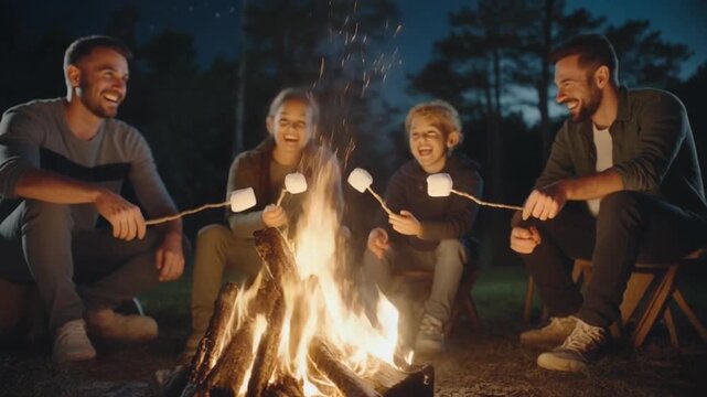 Four people roasting marshmallows over a campfire at night in the woods