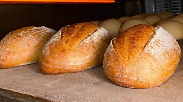 Freshly baked artisan bread on a baking sheet in an industrial oven, with golden-brown loaves in the background
