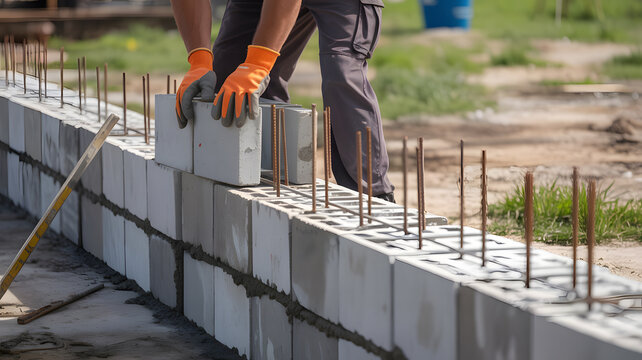 A construction worker building a concrete block wall on a construction site