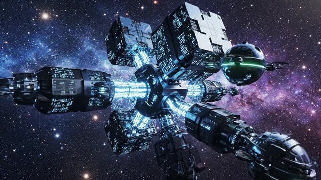 Futuristic spaceship station in space with glowing blue engines, set against a vibrant galaxy background, possibly for sci-fi movie or game use
