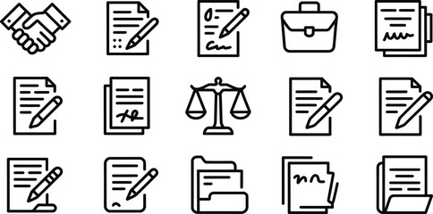 A grid of fifteen black and white line icons illustrating legal documentation, contract signing, official paperwork,.