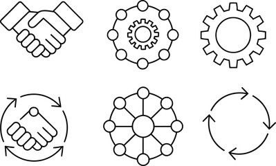 A collection of six outline icons depicting business collaboration, organizational structure, and process flow in a.