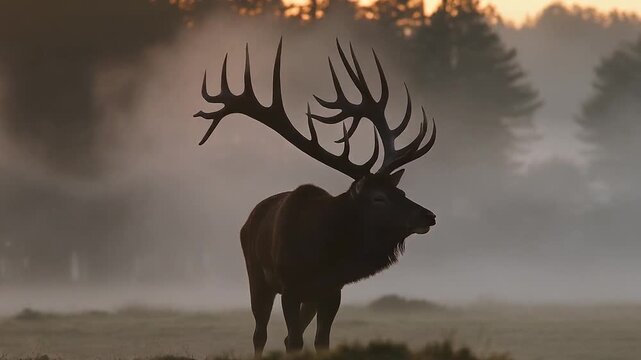 Large elk with impressive antlers vocalizing in misty forest clearing at sunrise