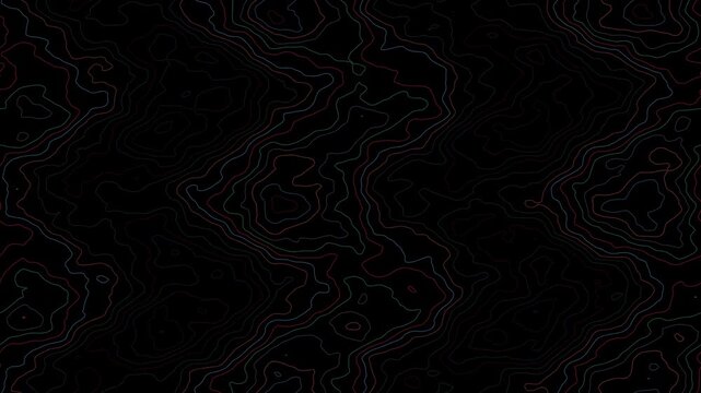 Abstract topographic map contour lines moving on black background, seamless loop