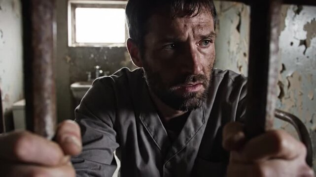 Man gripped on prison bars, dirty face, in jail cell with toilet and window