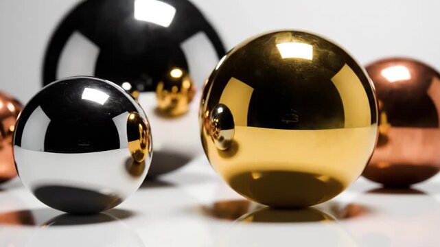 Metal spheres, including gold, silver, and copper, reflect light on a white surface with similar spheres in the background