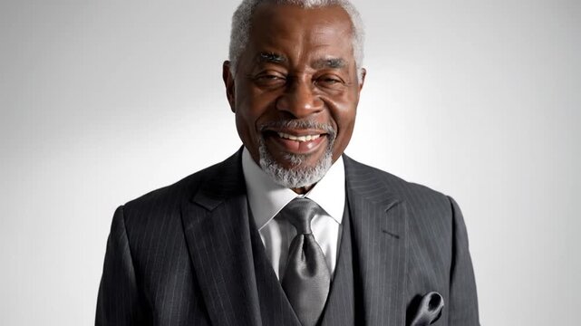 Mature Black man in suit presenting information on empty sign against studio background