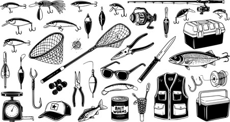 Black and White Line Art of Fishing Gear and Tackle for Angling Hobbyists © victoria