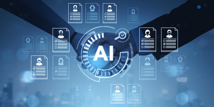 AI-driven recruitment concept with digital resumes and handshake on abstract blue background representing learning and intelligent hiring systems.