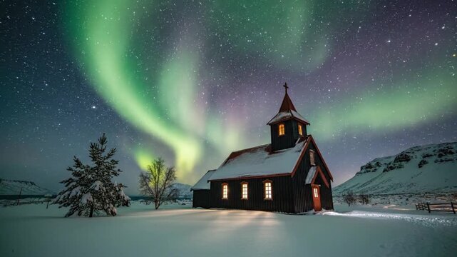 Aurora Borealis over a snow-covered wooden church in a pristine winter landscape at night