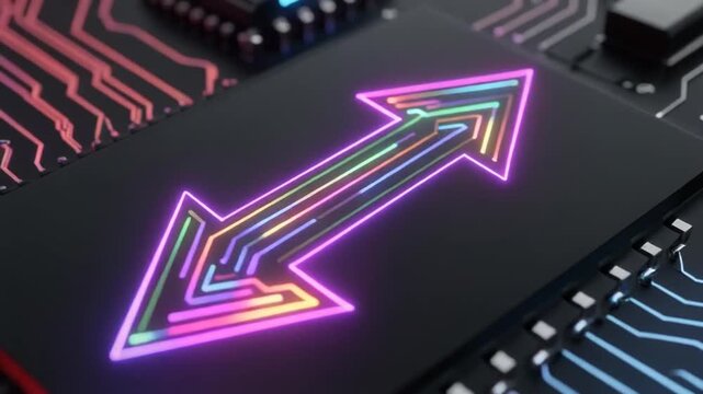 Neon arrows on a circuit board indicate data transfer, technology innovation, innovation