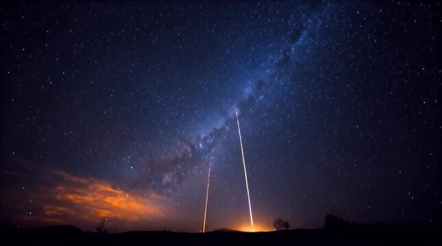 Starry nightscape featuring the Milky Way, radiant meteors, and hazy, orange clouds