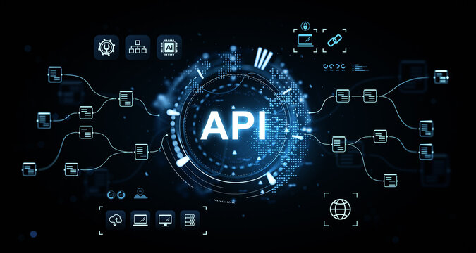 API integration concept with futuristic digital interface and data flow connections on dark tech background representing software communication systems.