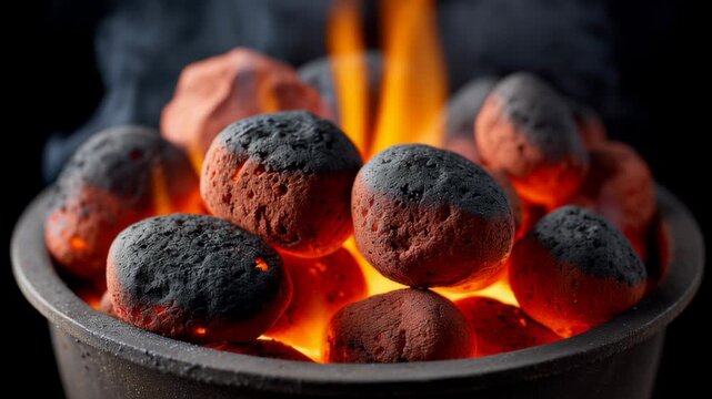 Charcoal briquettes burning in a round metal grill, with bright flames and smoke rising, showcasing the intense heat and glowing embers in a dark setting