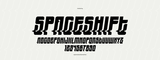 Bended and deformed display font for logos and posters, vector distorted and twisted italic typeface for headlines and advertising, letters and numbers alphabet typography.