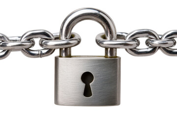 Shiny silver padlock secured tight on a sturdy metal chain, designed for protection and security in various settings