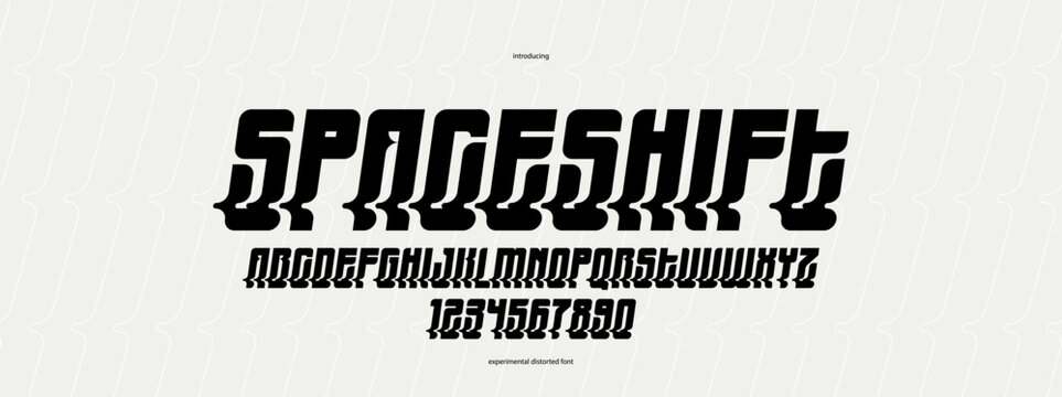 Bended and deformed display font for logos and posters, vector distorted and twisted italic typeface for headlines and advertising, letters and numbers alphabet typography.