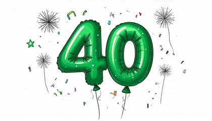 Fototapeta premium Green cartoon style balloon shaped as number 40 with confetti on white background. Illustration for birthday or anniversary party