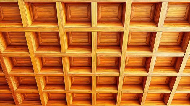 An intricately crafted coffered ceiling made of natural wood presents a beautiful geometric pattern, showcasing detailed carpentry work and elegant interior design.
