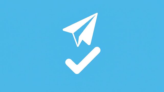 White paper airplane icon above a checkmark symbol on a vibrant blue background, representing successful message delivery or submission.