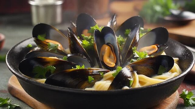 Steamed mussels in a black bowl on a wooden board with parsley and pasta, on a table with a blurred background