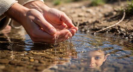 A tender moment of hands cupping water, reflecting a child's face in the serene water
