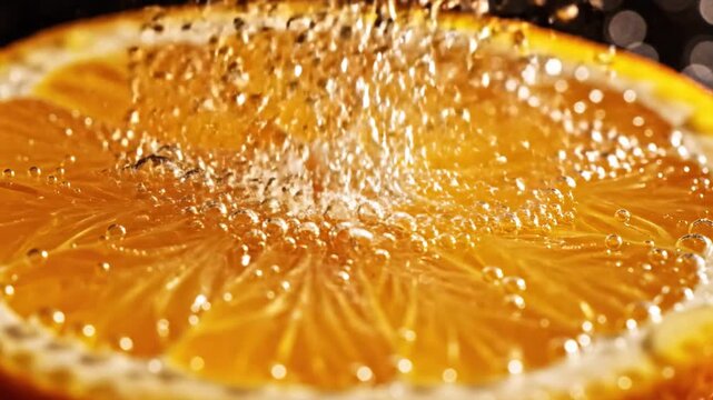 Water splashing on a sliced orange in a dark background for refreshing beverage advertisement