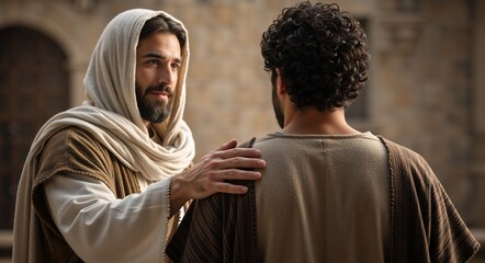Two figures engaged in a moment of tender interaction. The man on the left, with long hair and a white hood, offers a comforting gesture by placing his hand on the shoulder of the person in front.