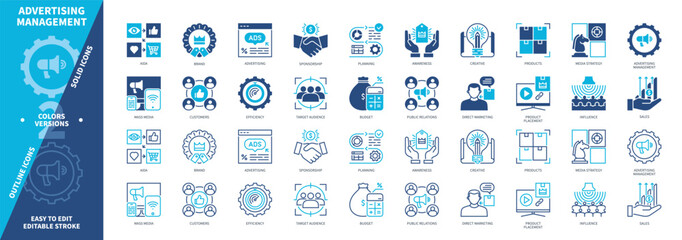 Advertising Management icon set. Sponsorship, Creative, Product, Budget, Sales, Public Relations, Direct Marketing, Planning. Duotone color solid and editable outline icons